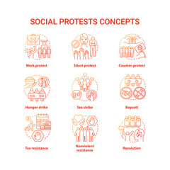 Social protests concept icons set. Public opposition, civil disobedience idea thin line illustrations. Political resistance and strikes vector isolated outline drawings. Government manifestation