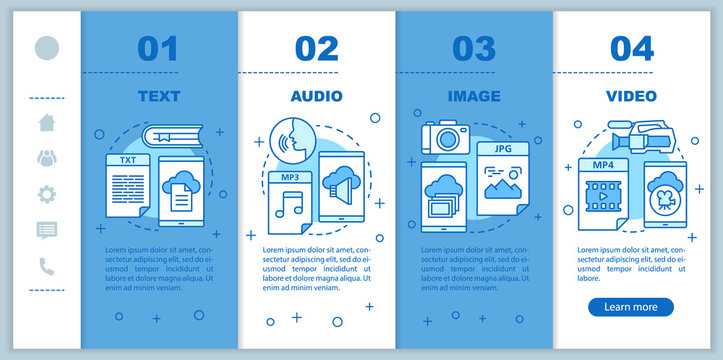 Digital library onboarding mobile web pages vector template. Media types. Responsive smartphone website interface idea with linear illustrations. Webpage walkthrough step screens. Color concept