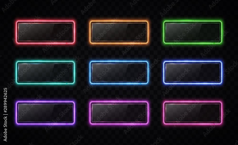 Poster neon color button set. glowing line rectangle. light effect. glossy glass texture glare banner on tr