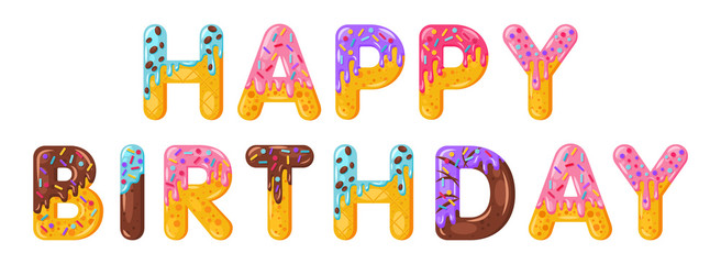 Happy birthday biscuit vector lettering. Glazed gingerbread inscription. Tempting flat design typography. Cookies letters phrase isolated on white. Biscuit word greeting card, banner element