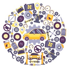 Car service icons in round frame composition, vector illustration. Vehicle maintenance center, auto repair service. Professional automobile accessories supply store