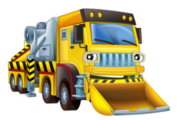 cartoon scene with tow truck looking and smiling with snow plow on white background - illustration for children