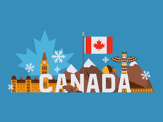Main tourist symbols of Canada, vector illustration. Canadian flag with red maple leaf, mountains, totem pole, parliament building in Ottawa. Flat style collage
