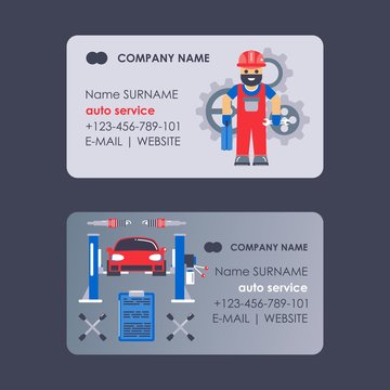 Car service business card design, vector illustration. Professional maintenance center, mechanic contact information, engineer assistance. Vehicle car repair, diagnostics and tuning