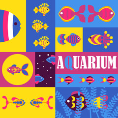 Fish abstract colorful collage, vector illustration. Background, icons and stickers for pet shop with decorative aquarium fish. Set of various banners in cartoon flat style