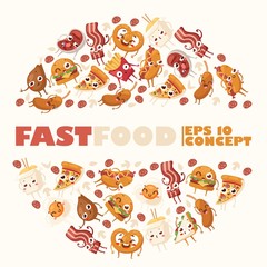 Fast food funny cartoon characters, vector illustration. Round frame composition with isolated junk food icons. Unhealthy snacks, take away street food. French fries, pizza and noodles
