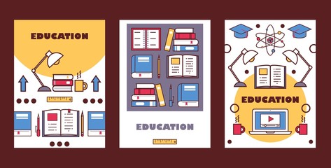 Education banners, vector illustration. High school booklet cover, college informational flyer, university brochure. Online educational program, home studying option, remote learning