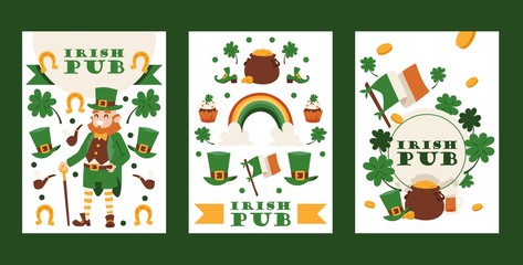 Irish pub banners, vector illustration. St Patricks day festival, traditional holiday in Ireland. Smiling leprechaun and symbols of luck and fortune