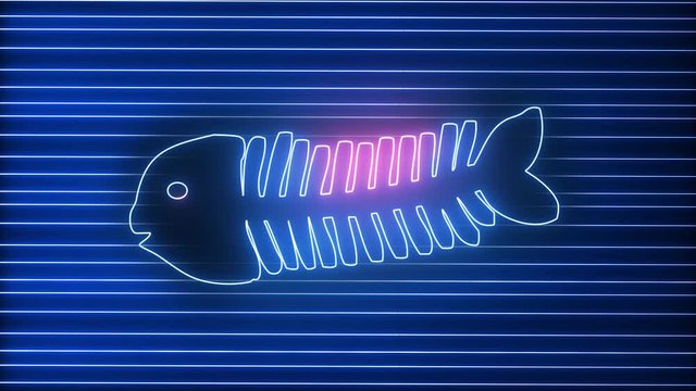 Modern, creative neon fish bone. Technology, food and animal concept. Glowing light with fish skeleton and neon speedy lines.  