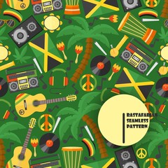 Jamaica rastafarian seamless pattern, vector illustration. Flat style icons of Jamaican culture and reggae music. Isolated icons of rastafarian lifestyle