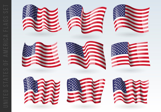 USA wavy flags Set. United States patriotic national symbol. Set of American flag. Icon. Print. Vector illustration. Isolated on white background.