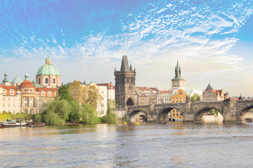 Fototapeta na wymiar Beautiful view of Charles Bridge, Old Town and Old Town Tower of Charles Bridge, Czech Republic