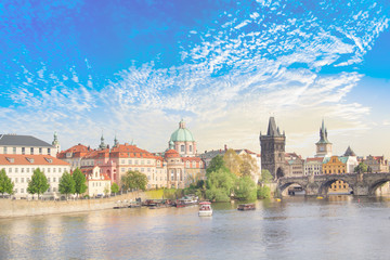 Beautiful view of Charles Bridge, Old Town and Old Town Tower of Charles Bridge, Czech Republic