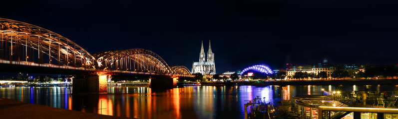 Panorama Cologne Cathedral and Hohenzollern Bridge at night , Cologne, Germany