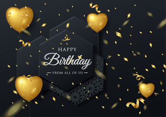 Fototapeta na wymiar Vector birthday elegant greeting card with gold balloons and falling confetti