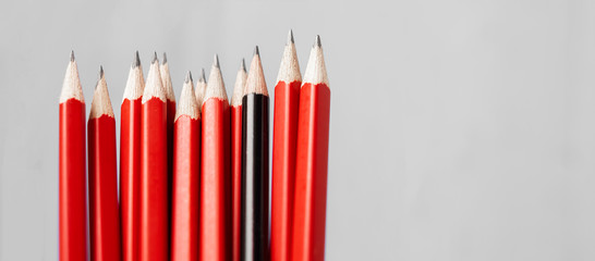 Black pencil different from crowd of red pencils. Unique Leader, strategy, independence, think different, business and success concept