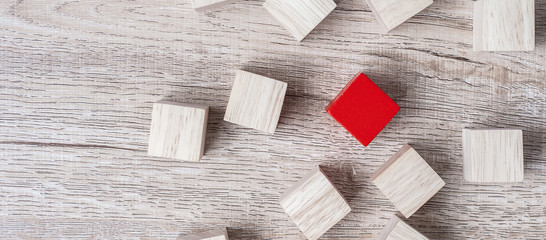 Red cube block different from crowd of wood blocks. Unique Leader, strategy, independence, think different, business and success concept