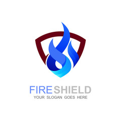 Fire shield logo design element. Fire warning sign shield, the blue flame logo