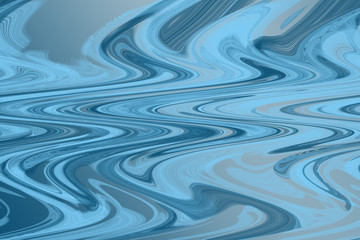 Wavy pattern in blue tones. Turquoise and blue wavy stripes and lines, light spots. Surface with distortion effect.