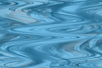 Seamless wavy pattern in blue tones. Turquoise and blue wavy stripes and lines, light golden spots. Surface with distortion effect.