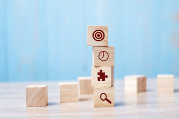 block with business strategy icon on table background. Business Growth, strategy, success, vision, cooperation and Mission Concepts