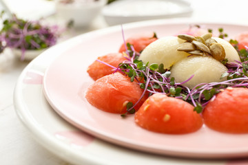 Tasty salad on plate, closeup