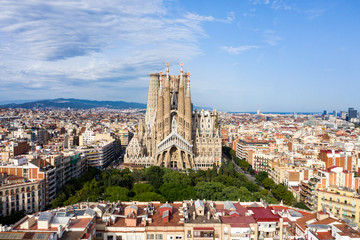 La Sagrada Familia Drone view of the uncomplete Cathedral in Barcelona Spain   - obrazy, fototapety, plakaty