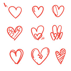 doodle heart collection with red color handdrawn style vector