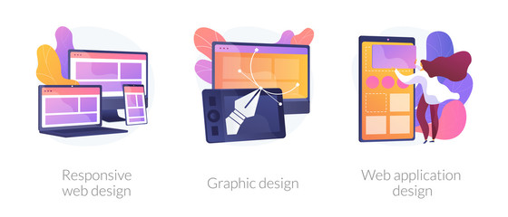 Adaptive programming icons set. Multi device development, software engineering. Responsive web design, graphic design, web application design metaphors. Vector isolated concept metaphor illustrations