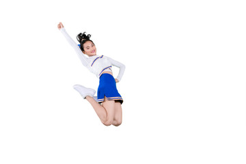 Asian cheerleader girl jumping in the studio