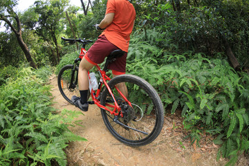 Cyclist using smart phone while riding bike on the spring forest trail