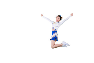 Beautiful cheerleader leaping with copy space