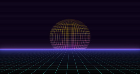 Retro Sci-Fi Background Futuristic Grid landscape of the 80`s. Digital Cyber Surface. Suitable for design in the style of the 1980`s. 3D illustration