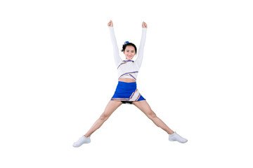 Fototapeta na wymiar Cheerleader girl jumping in the studio