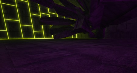 Naklejka premium Abstract architectural concrete interior of a minimalist house with color gradient neon lighting. 3D illustration and rendering.