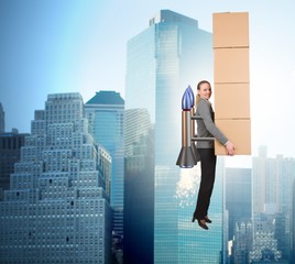 Fototapeta premium Woman in fast box delivery service on rocket