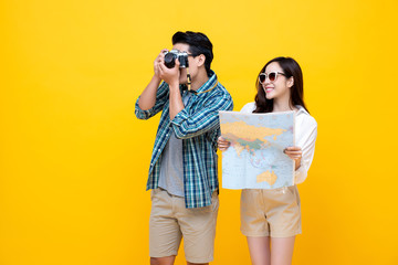 Portrait of a young happy tourist couple enjoying their summer vacation