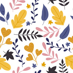 Naklejka na ściany i meble Cartoon hand drawn leaves seamless pattern background. Design for fabric, wrapping, textile, wallpaper, apparel.