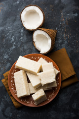 Coconut Burfi / Kopra  Pak/ Fresh Nariyal Fudge, selective focus