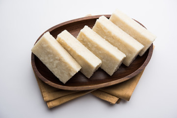 Coconut Burfi / Kopra  Pak/ Fresh Nariyal Fudge, selective focus