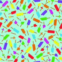 Seamless pattern composed of assorted popsicles of various colors and flavors on blue background