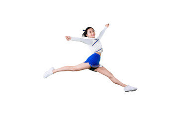 Fototapeta na wymiar Young female cheerleader jumping in the studio