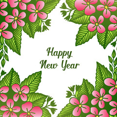 Poster happy new year, with ornament of green leafy floral frame background. Vector