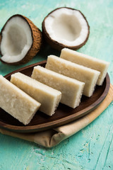 Coconut Burfi / Kopra  Pak/ Fresh Nariyal Fudge, selective focus
