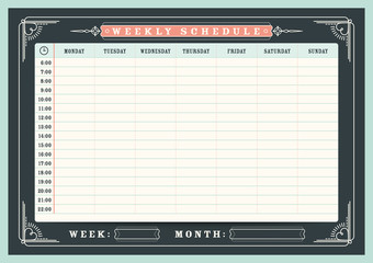 Weekly schedule planner template with vintage frame border, A4 size - obrazy, fototapety, plakaty