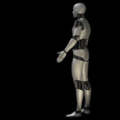 Fototapeta na wymiar humanoid robot standing in front of an empty space, cyborg isolated on black background