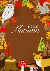 Naklejka premium Autumn leaves frame, forest animals and plants - vertical ,included words 