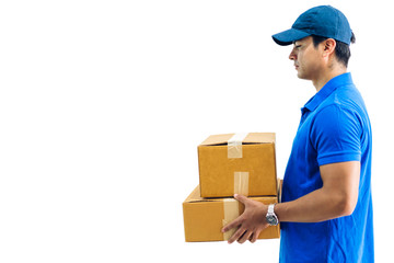 Deliveryman holding cardboard box isolated on white background