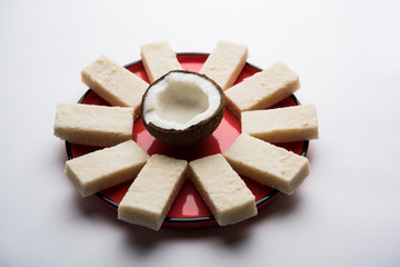 Coconut Burfi / Kopra  Pak/ Fresh Nariyal Fudge, selective focus