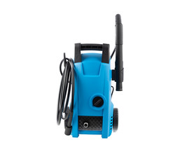 Blue Electric High Pressure Washer Isolated on White. Power Washing Machine. Outdoor Power Equipment. House Cleaning Tool. Domestic Major Appliances. Home Appliance. Pressurized Water Jet